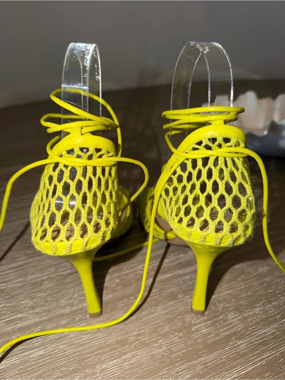 Bottega Veneta Acid Kiwi Lace-Up Mesh Heels
